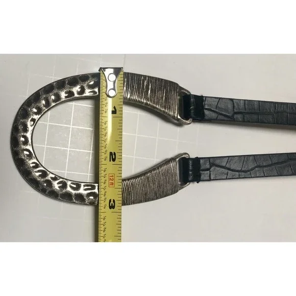 Chicos Black Leather Hip Belt Adjustable Pewter Boho Horseshoe Buckle M/L 31-44” - Picture 16 of 16
